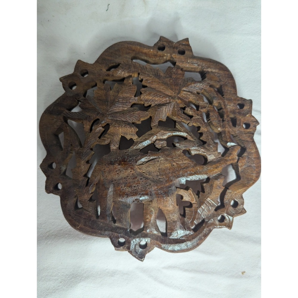 Wood carved kitchen trivet decoration Elephant theme 7"